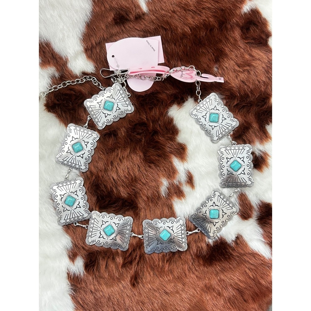True Love Western Silver Concho Chain Belt Turquoise Stone Boho Southwest